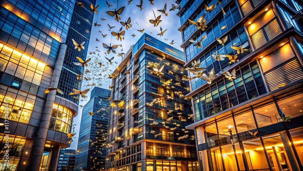 Fototapeta premium Night Architecture, Moth Swarm, Urban Insects, City Lights, Lamp Post Illumination
