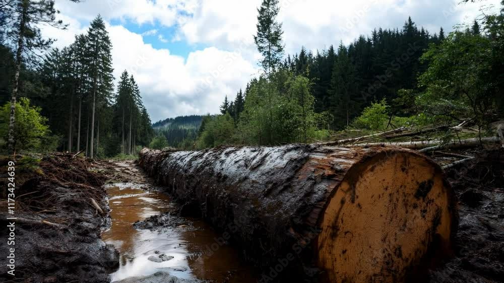 Cut tree trunk in muddy forest path with puddles and pine trees. Deforestation and environmental impact Cut tree trunk in muddy forest path with puddles and pine trees. Deforestation and environmental impact