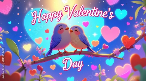 Happy Valentine's Day text with loving couple of birds on a tree branch, happy and joyfull chemistry. Perfect for illustrasion, vector, banner, wallpaper, flyer, poster, and layout photo