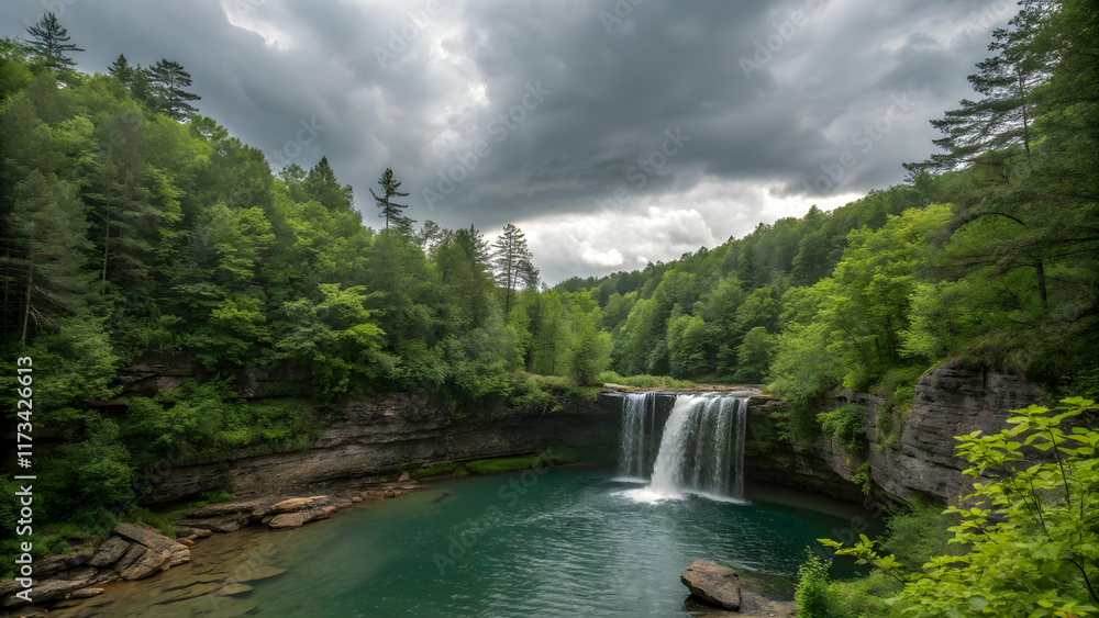 Fototapeta premium Serene Waterfall Surrounded by Lush Greenery and Cloudy Sky
