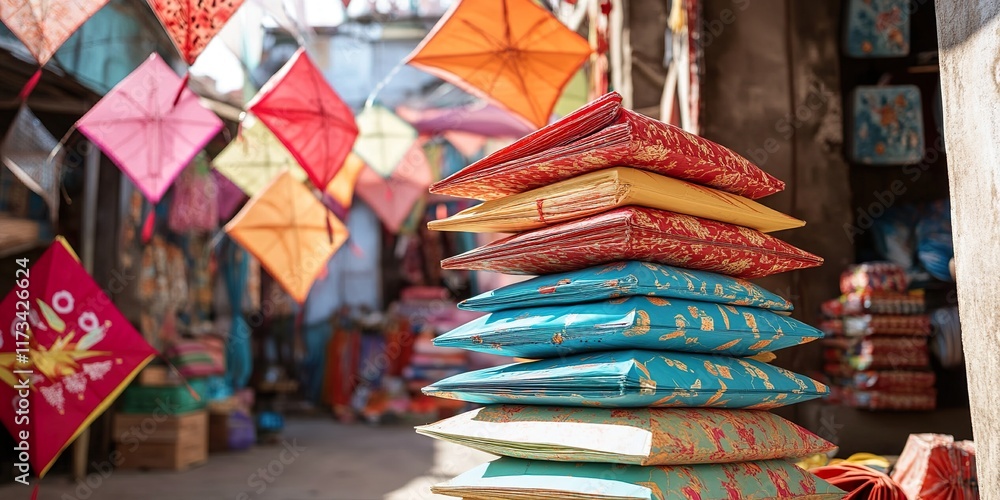 Fototapeta premium Vibrant Kites Await Flight: Colorful Kites Stacked for Sale at a Bustling Market