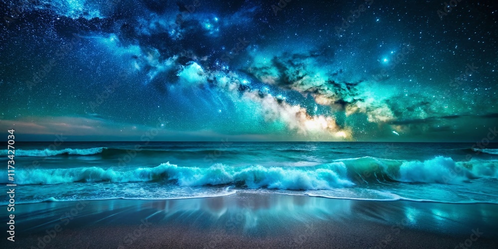 custom made wallpaper toronto digitalNight Ocean Waves: Turquoise Glow, Coastal Serenity, Dark Water, Starry Sky, Beach Scene