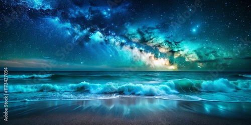 Wallpaper Mural Night Ocean Waves: Turquoise Glow, Coastal Serenity, Dark Water, Starry Sky, Beach Scene Torontodigital.ca