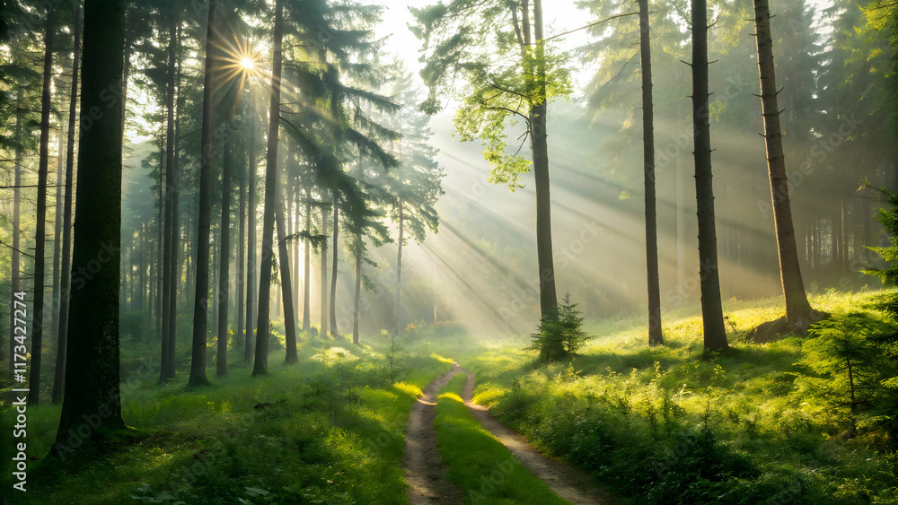 Obraz premium Serene Forest Path with Soft Sunlight and Misty Atmosphere