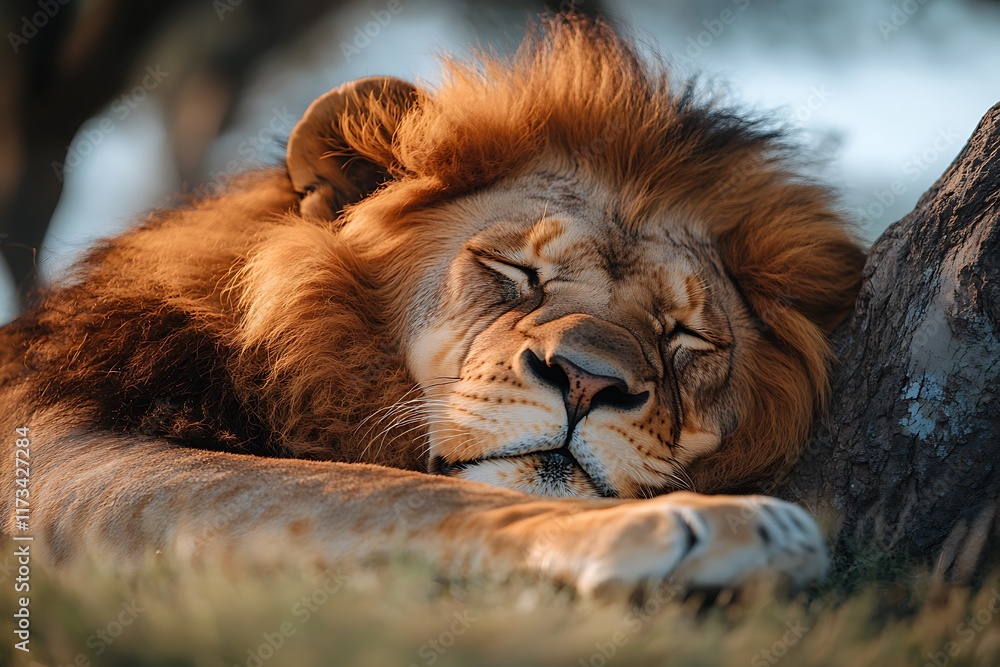 Naklejka premium A sleeping lion rests peacefully under a tree in nature.