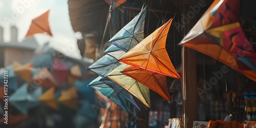 Vibrant Kites Stacked at Marketplace: Perfect for Travel, Culture, and Festive Designs photo