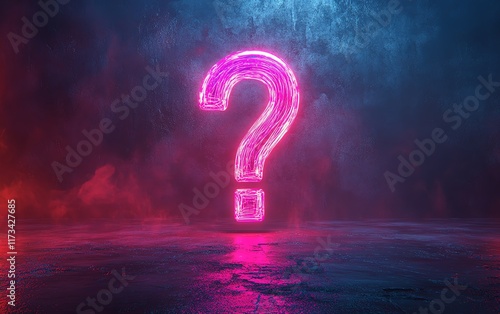 Neon digital question mark on dark abstract background, 3D rendering, glowing futuristic design, modern techinspired visuals, vibrant neon color palette photo