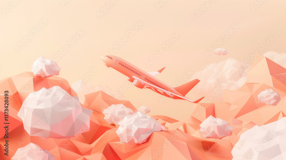 orange airplane flying through geometric clouds on peach background orange airplane flying through geometric clouds on peach background