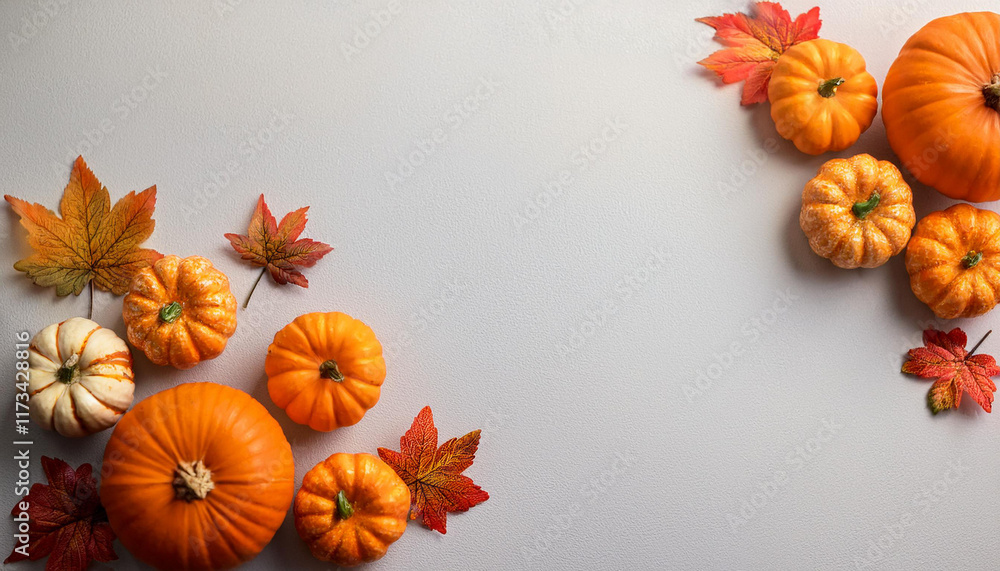 fall background with orange pumpkins and fall leaves on a light surface generative ai fall background with orange pumpkins and fall leaves on a light surface generative ai