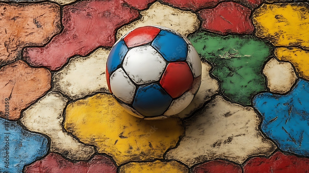A weathered soccer ball rests on a colorful textured surface