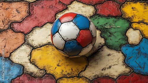 Obraz na płótnie A weathered soccer ball rests on a colorful textured surface w salonie