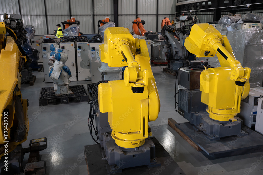 Fototapeta premium Industrial robot arm at factory 