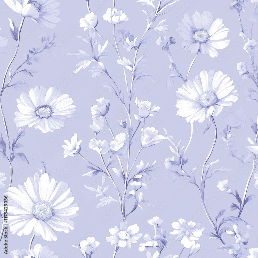 Fototapeta premium A seamless pattern of delicate wildflowers in white line art, set against an isolated lavender background. The design incorporates dusty blue and soft gray tones for contrast.
