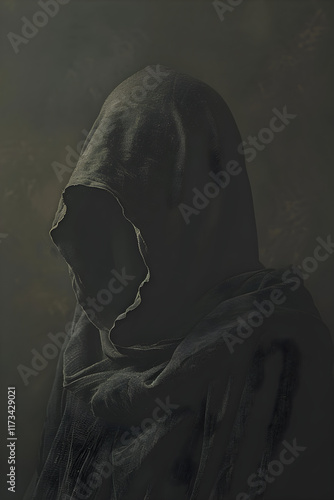 Anonymous Figure in a Hooded Cloak Evoking Mystery and Solitude Amid Shadows photo