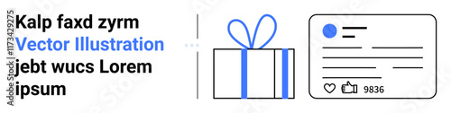 Gift with ribbon and social media engagement card showing thumbs ups and comments. Ideal for marketing campaigns, product launches, online promotions, social media strategies, content creation, brand