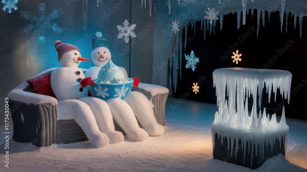 Snowman Hosting a Popcorn Party in a Snowy Cinema Snowman Hosting a Popcorn Party in a Snowy Cinema