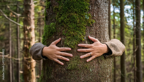 waldbaden und das umarmen von baumen fordert den stressabbau und beugt depressionen vor photo