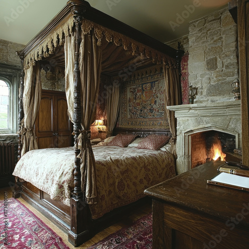 Canopy bed in stone castle room, fireplace lit, writing desk, window view