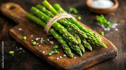 Fresh Green Asparagus: A bundle of fresh green asparagus, tied with a rustic twine, placed on a wooden board with a sprinkle of sea salt photo