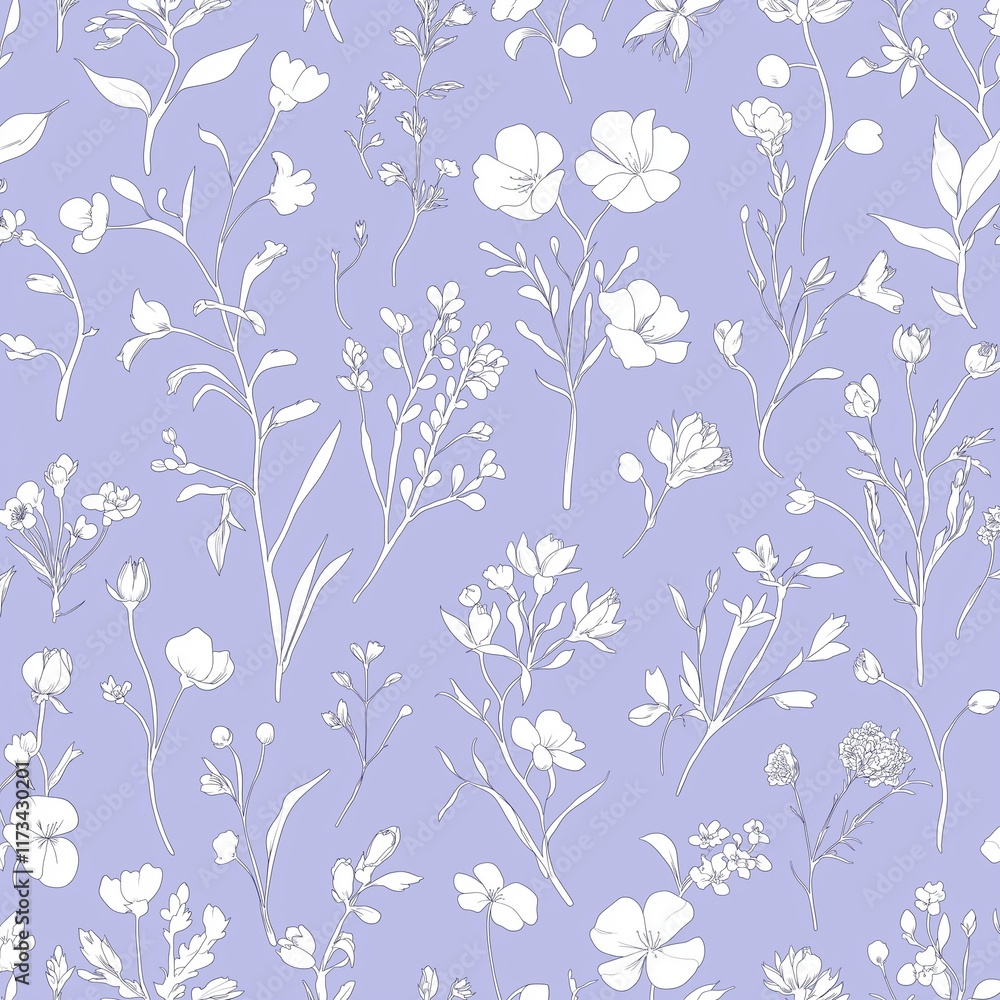 Fototapeta premium A seamless pattern of delicate wildflowers in white on a lavender background, with soft pastel tones and subtle shading for depth. The design incorporates dusty blue and pale gray.
