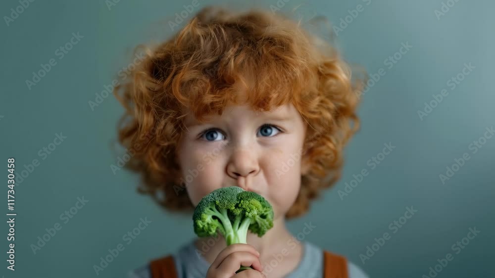 Curly red-haired child biting into fresh broccoli, showcasing a playful and intense expression Curly red-haired child biting into fresh broccoli, showcasing a playful and intense expression