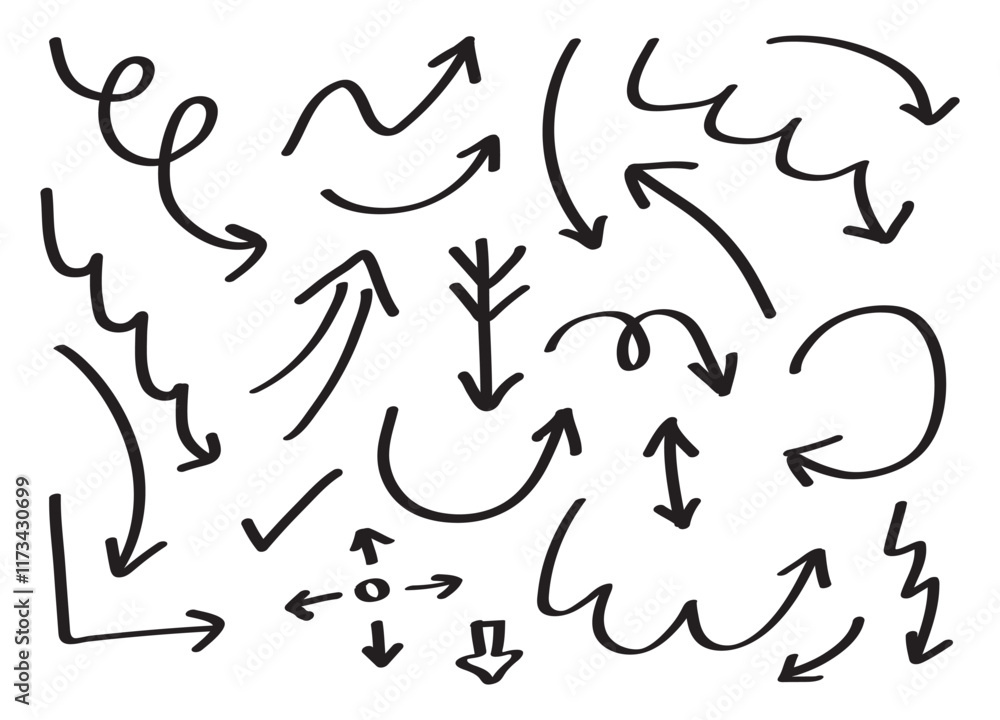 Arrow doodle set. Hand drawn arrows. Design of twisted lines. Curvy wave arrows. Vector illustration. Arrow doodle set. Hand drawn arrows. Design of twisted lines. Curvy wave arrows. Vector illustration.