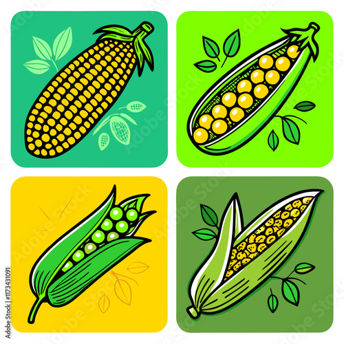 Farm Fresh Corn & Peas: Vibrant Vector Illustration -  Detailed Line Art.