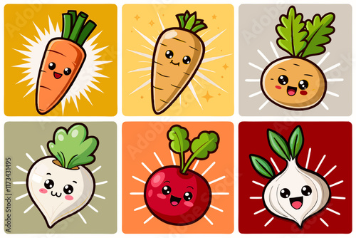 Kawaii Vegetables: Cute Cartoon Carrots, Radishes, Turnips.