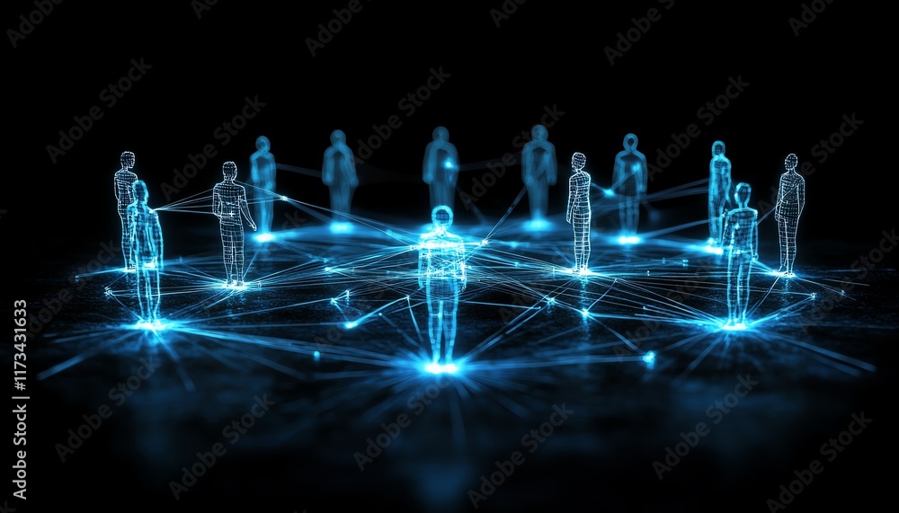 Social network connection concept, bright illuminated digital user icons connected by lines, dark background, 3D rendering, futuristic tech design, dynamic connections Social network connection concept, bright illuminated digital user icons connected by lines, dark background, 3D rendering, futuristic tech design, dynamic connections