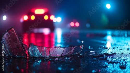 Close-up of a damaged car bumper with shattered glass on a wet road, depicting a car accident scene. Concept of vehicle collision, road safety, and emergency situations.