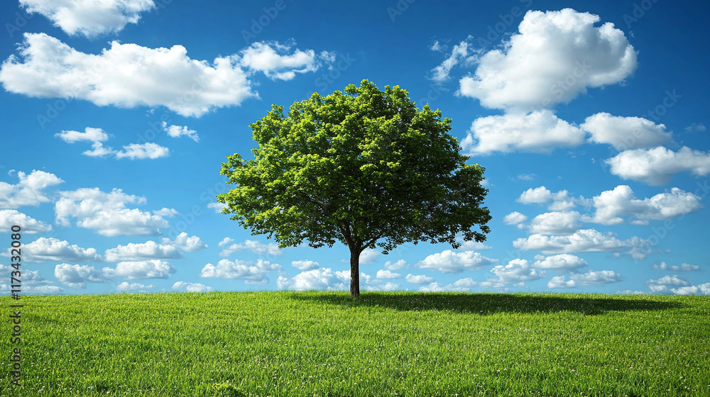 Obraz premium One tree in grass meadow nature field, blue sky with clouds in background, copy space. rural spring summer outdoor beautiful environment landscape, countryside land scene.