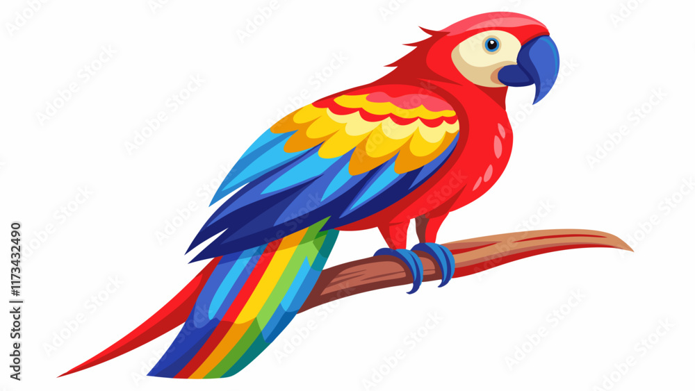 Vibrant Scarlet Macaw Perched on a Branch – Colorful Tropical Bird Illustration Vibrant Scarlet Macaw Perched on a Branch – Colorful Tropical Bird Illustration