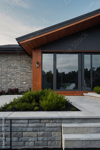 Modern home exterior featuring grey stone wall, dark grey siding, wood accents, large windows, and a light grey stone retaining wall with steps. Landscaping includes low shrubs.