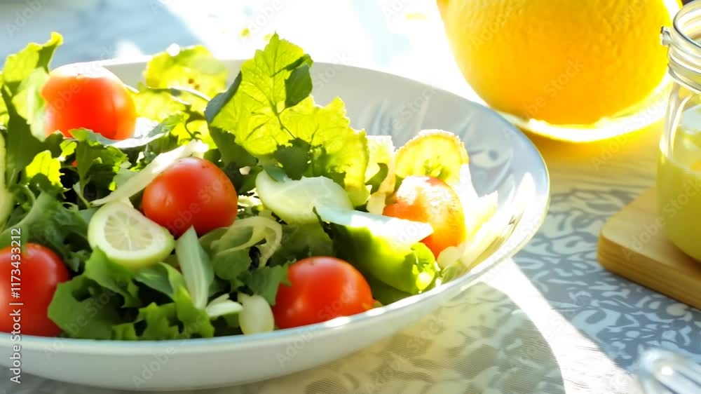 A close-up of a vibrant garden salad featuring crisp lettuce, juicy cherry tomatoes, cucumber slices, and thinly sliced lemon, beautifully arranged in a white bowl under natural sunlight. A close-up of a vibrant garden salad featuring crisp lettuce, juicy cherry tomatoes, cucumber slices, and thinly sliced lemon, beautifully arranged in a white bowl under natural sunlight.