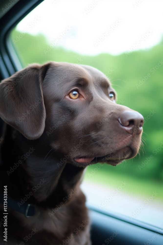 A brown dog is looking out the window of a car. The dog's eyes are bright and it is enjoying the view A brown dog is looking out the window of a car. The dog's eyes are bright and it is enjoying the view