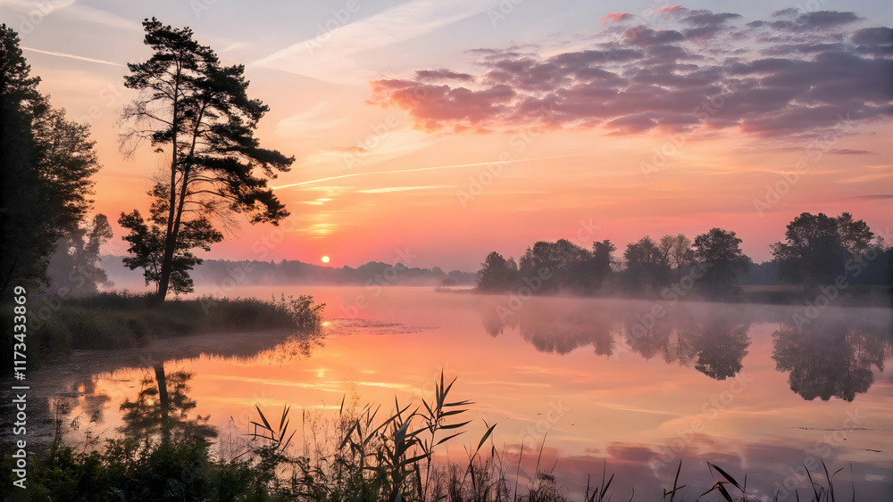 Fototapeta premium Serene Sunrise Over Calm Lake with Trees and Misty Landscape