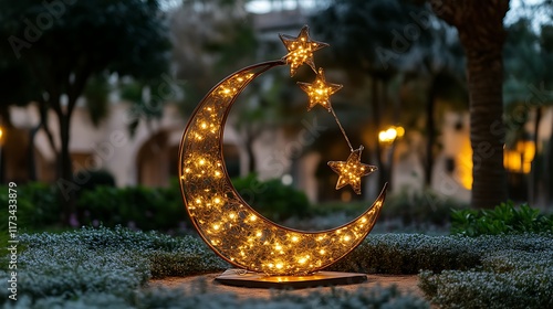 Illuminated crescent moon and stars garden decor at dusk. photo