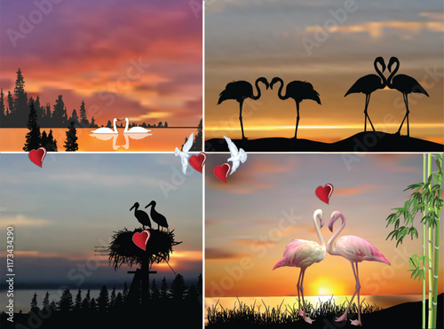 birds couples and red hearts compositions