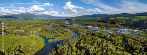 Panoramic view of the Snake River and Fall Creek Falls located in the Swan Valley, Idaho, USA.  Summer 2023.