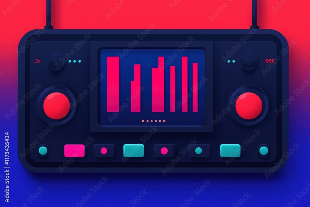 Fototapeta premium Colorful audio mixer with vibrant controls and a sound level display, set against a gradient background. Cybersecurity