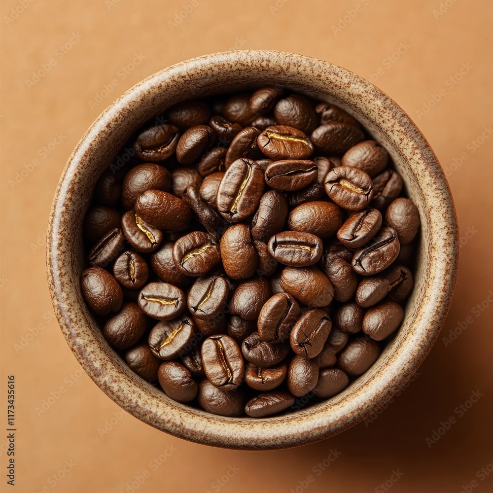 Naklejka premium Dark Roasted Coffee Beans in a Rustic Bowl on a Brown Wooden Background