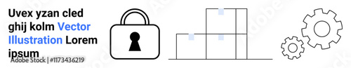 Padlock for security, stacked boxes for storage, gears for productivity. Ideal for business processes, security, organization, logistics, efficiency technology and data protection. Landing page
