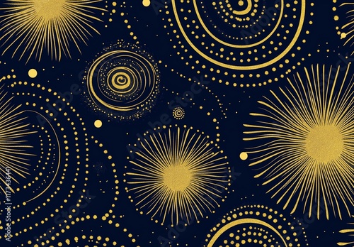 
A seamless pattern of yellow firework elements on a navy blue background, featuring circular and spiral designs with a golden glitter effect.
