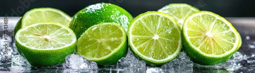 Closeup of fresh limes and ice cubes on a rustic table, refreshing summer scene photo