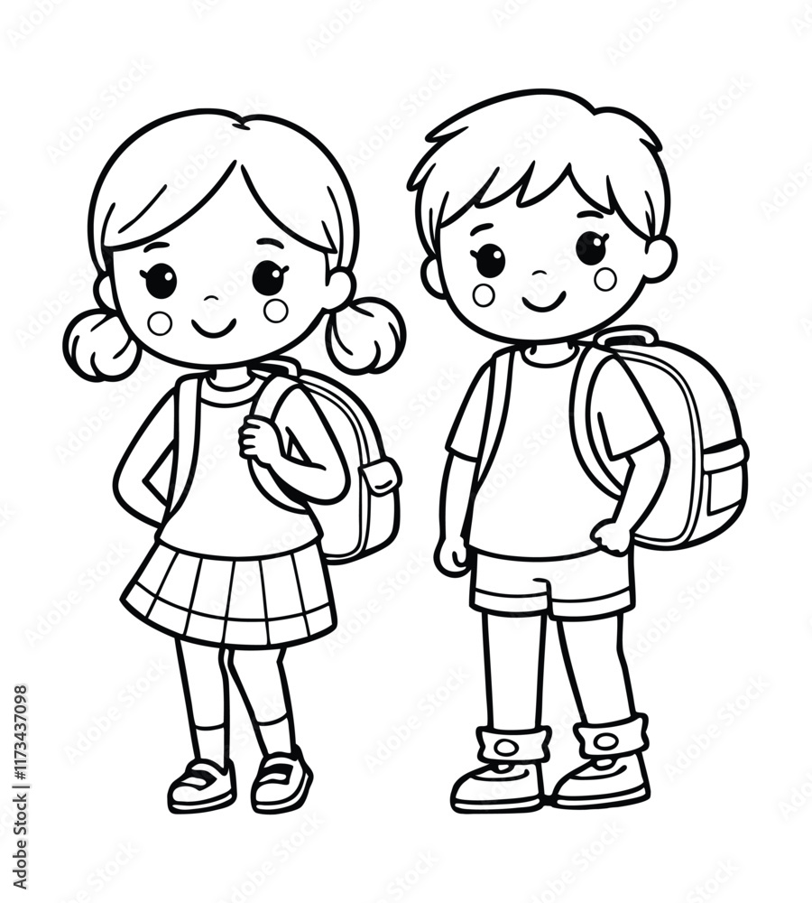Children Black Outline Holding School Bag with a book Line art vector clipart illustration . Children Black Outline Holding School Bag with a book Line art vector clipart illustration .