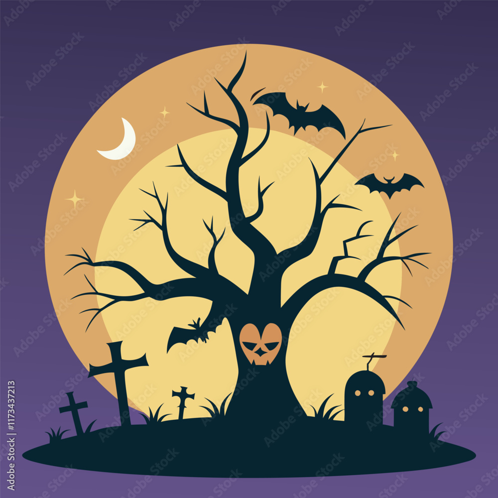 Halloween tree in graveyard with bat illustration Halloween tree in graveyard with bat illustration
