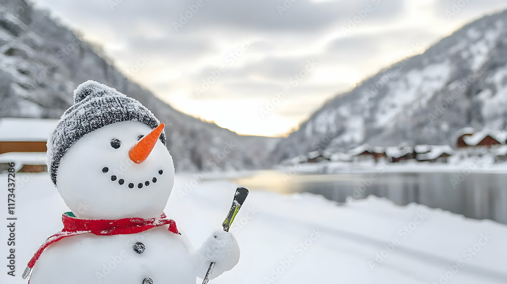Obraz premium Snowman with skis in snowy mountains, winter sunset, village background; ideal for winter holiday cards.