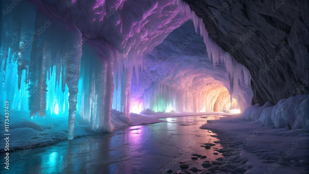 Obraz premium Stunning Ice Cave with Colorful Lights and Icicles Reflection