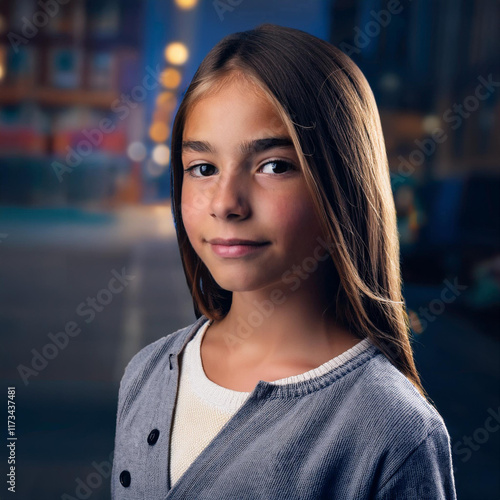 The image is a portrait of a young girl with long blonde hair. She is looking directly at the camera with a slight smile on her face. The background is blurred. photo