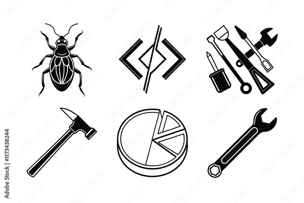 Fototapeta premium Vector Silhouettes of Bug, Code, Tools, Hammer, Pie Chart, and Wrench - Perfect for Microstock Platforms